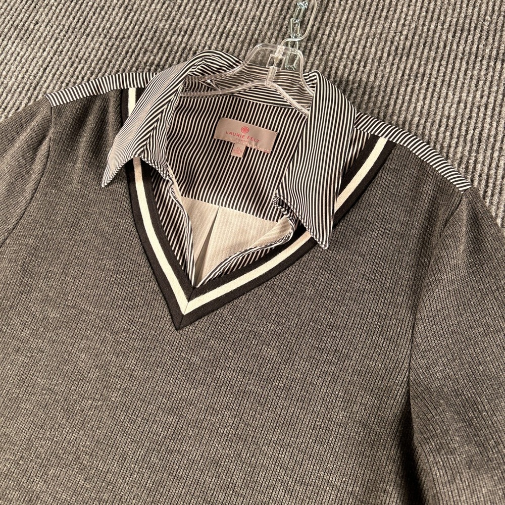 Laurie Felt Womens XL Mixed Media Sweater Striped Shirt Layered Top Grey Black